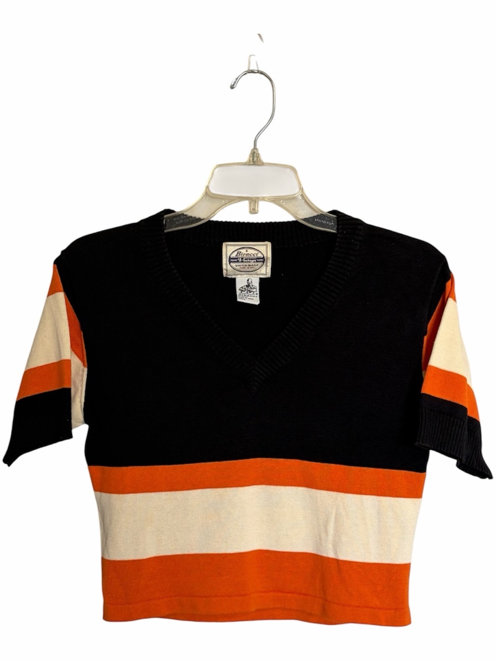 Vintage Biracci Cropped Short Sleeve Knit Sweater V-Neck Stripe Union Made M/L